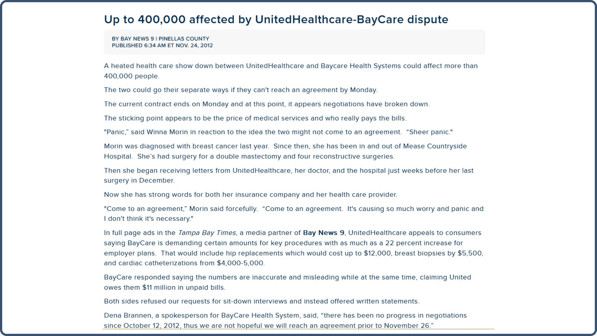 UnitedHealthCare-BayCare Dispute ScreenShot
